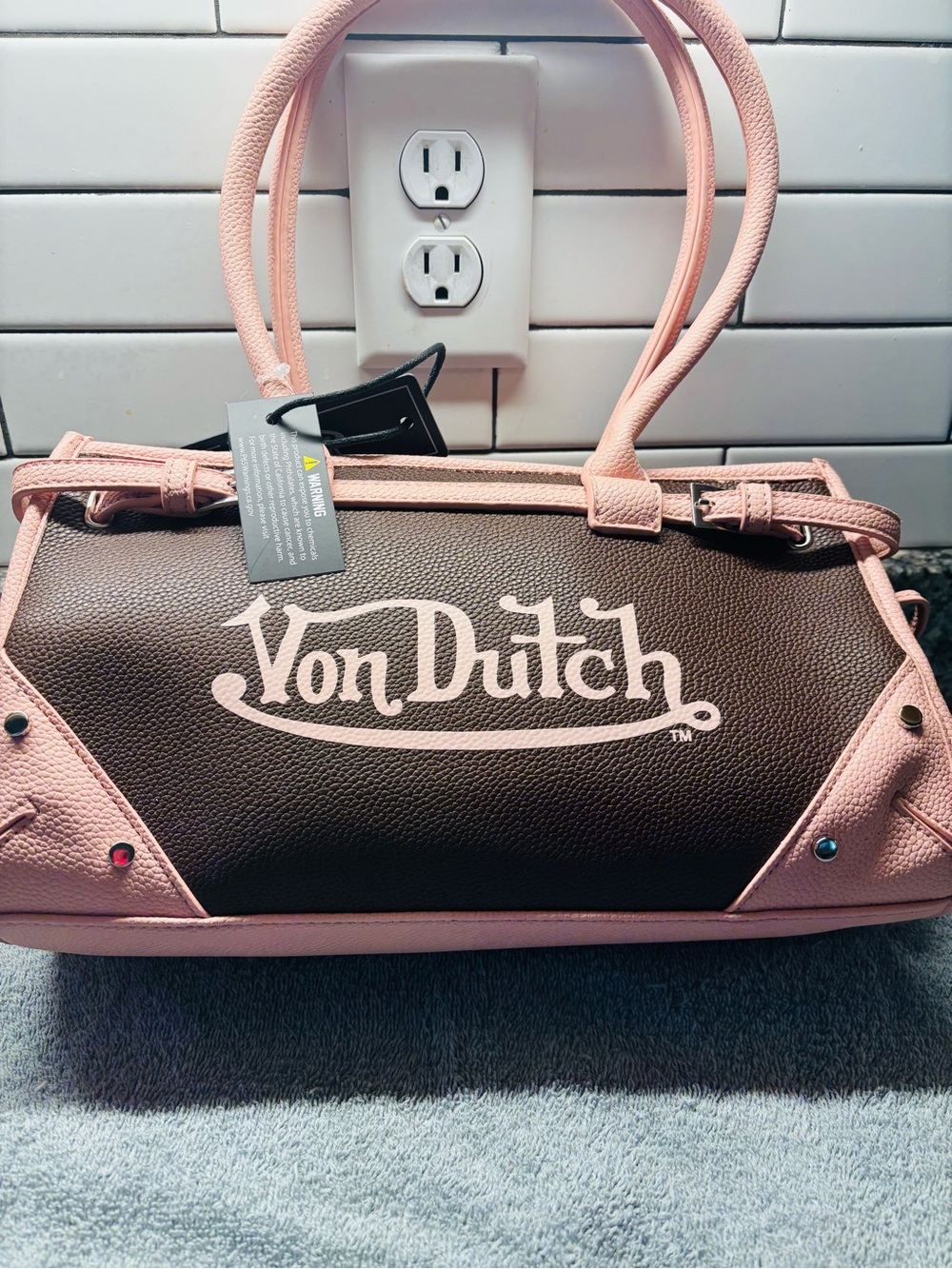 Von Dutch Pink and Brown Logo Satchel Handbag. New with tags
